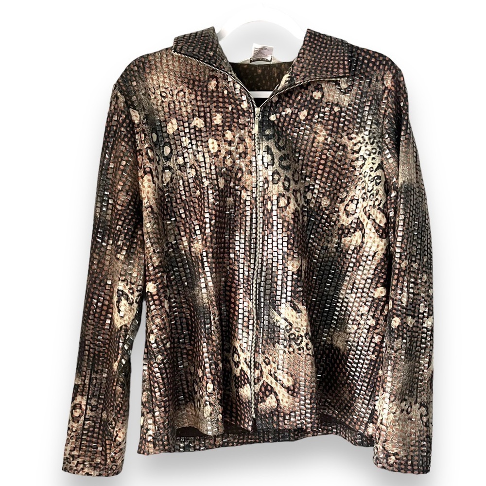 EXCLUSIVELY MISOOK Jacket Size Large Animal Print Zip Shiny Cocktail Vintage